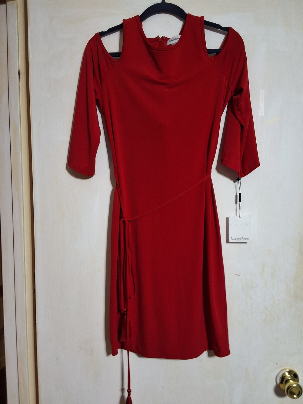 Calvin Klein Red Cold-Shoulder Wrap Midi Dress
